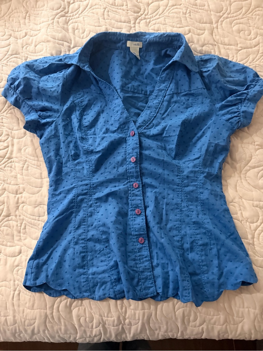 Odille 100% Cotton Blue Swiss Dot Button-Front Scalloped Trim Size 6